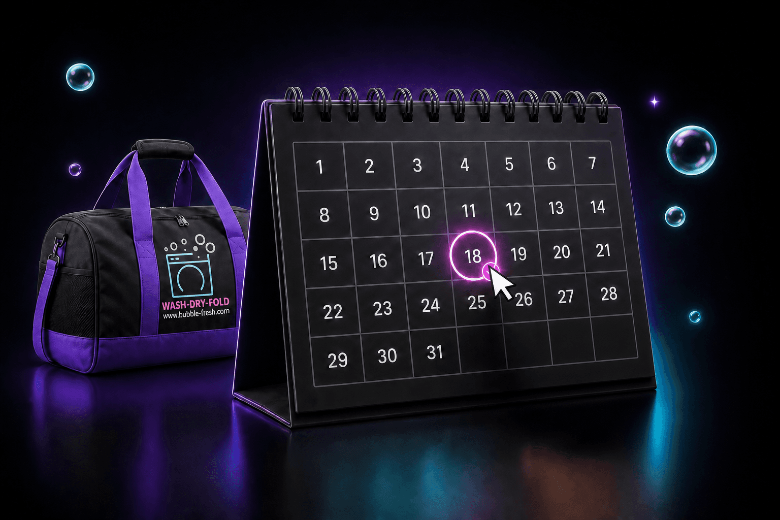 Bubble Fresh laundry bag beside a calendar with a pickup date selected.