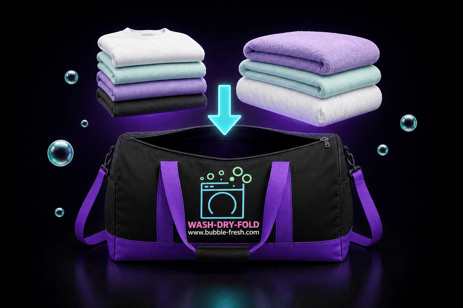 Folded clothes and linens being placed into a Bubble Fresh laundry bag.