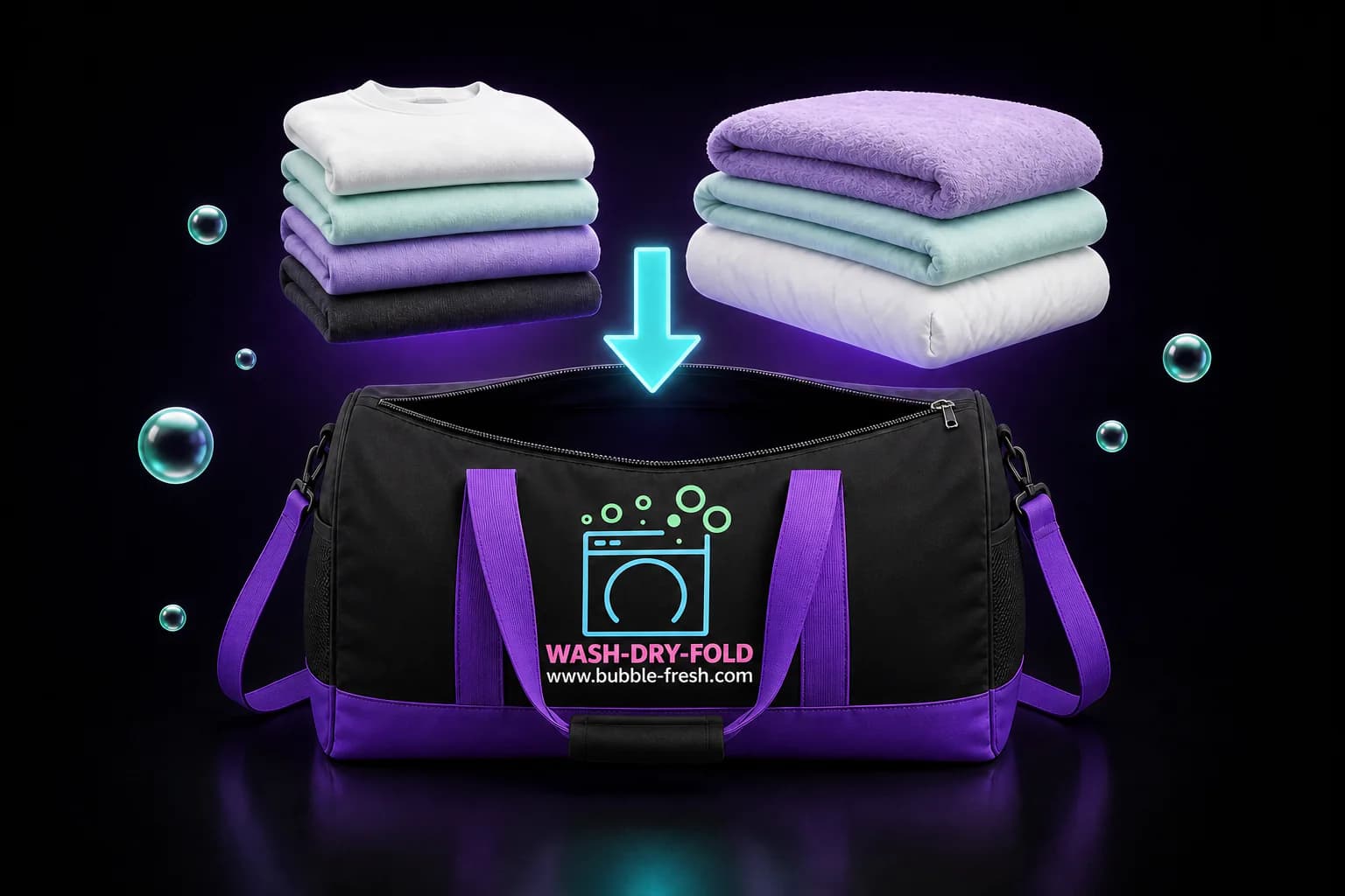 Folded clothes and linens being placed into a Bubble Fresh laundry bag.