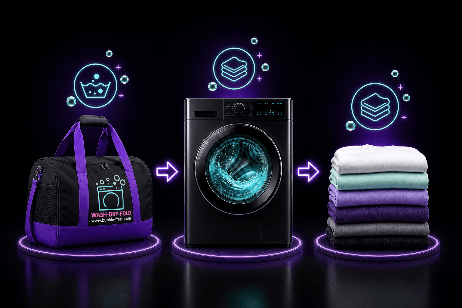 Bubble Fresh laundry bag, washing machine, and stack of freshly folded clothes.