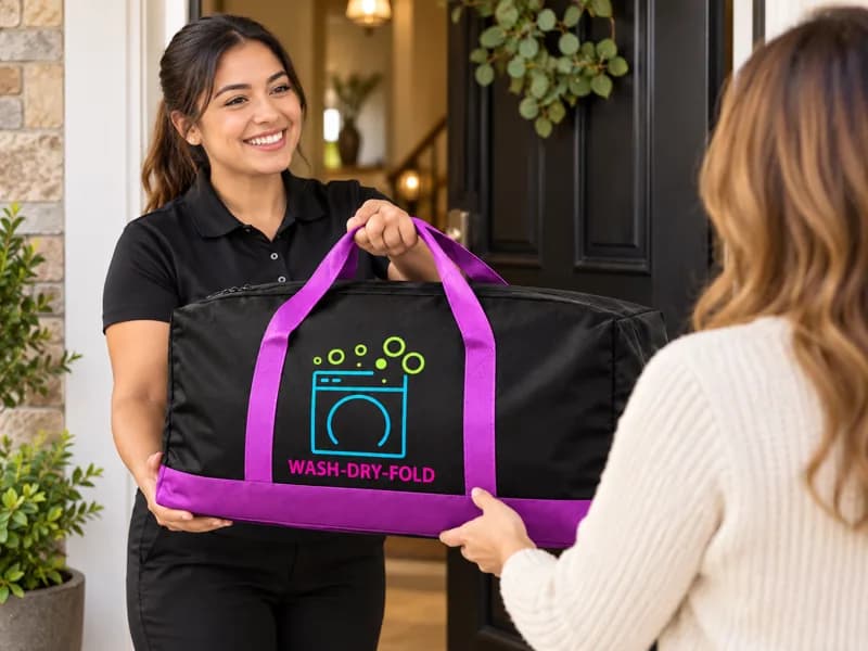 A Bubble Fresh team member delivering clean laundry to a customer