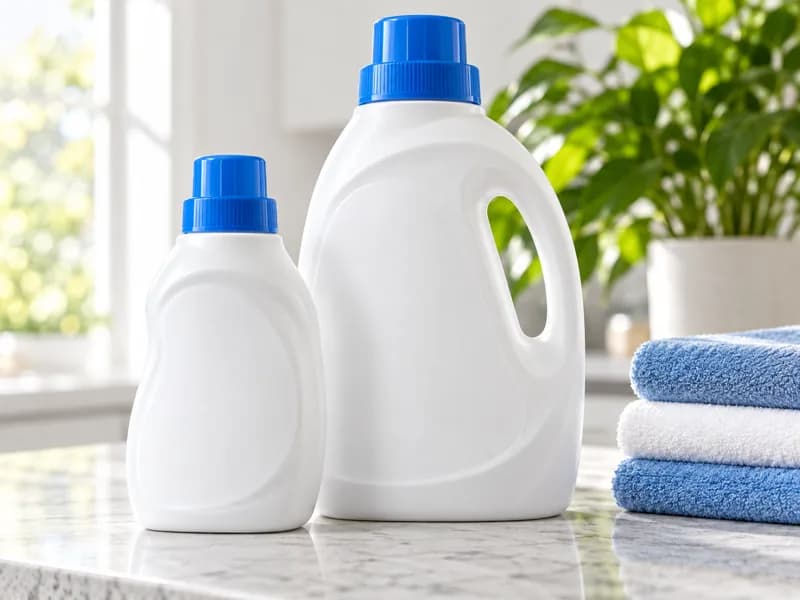 Laundry detergent bottles beside freshly folded towels