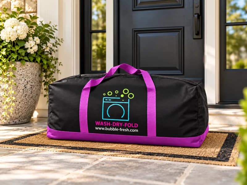 Bubble Fresh laundry bag ready for collection at a front door
