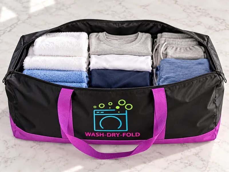 Folded clean laundry packed securely in a Bubble Fresh bag