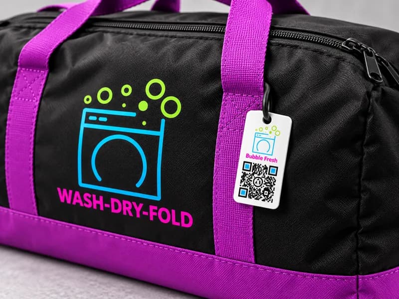 Illustrative QR tracking tag attached to a purple bag strap