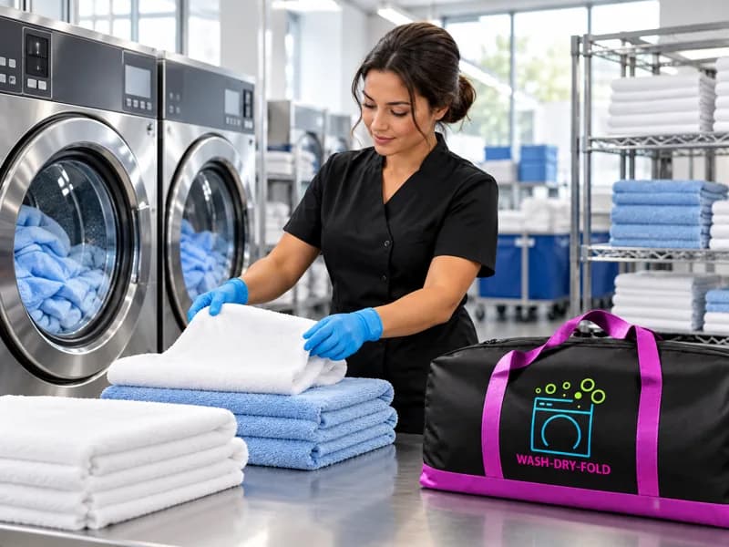A laundry professional folding fresh towels beside washing machines