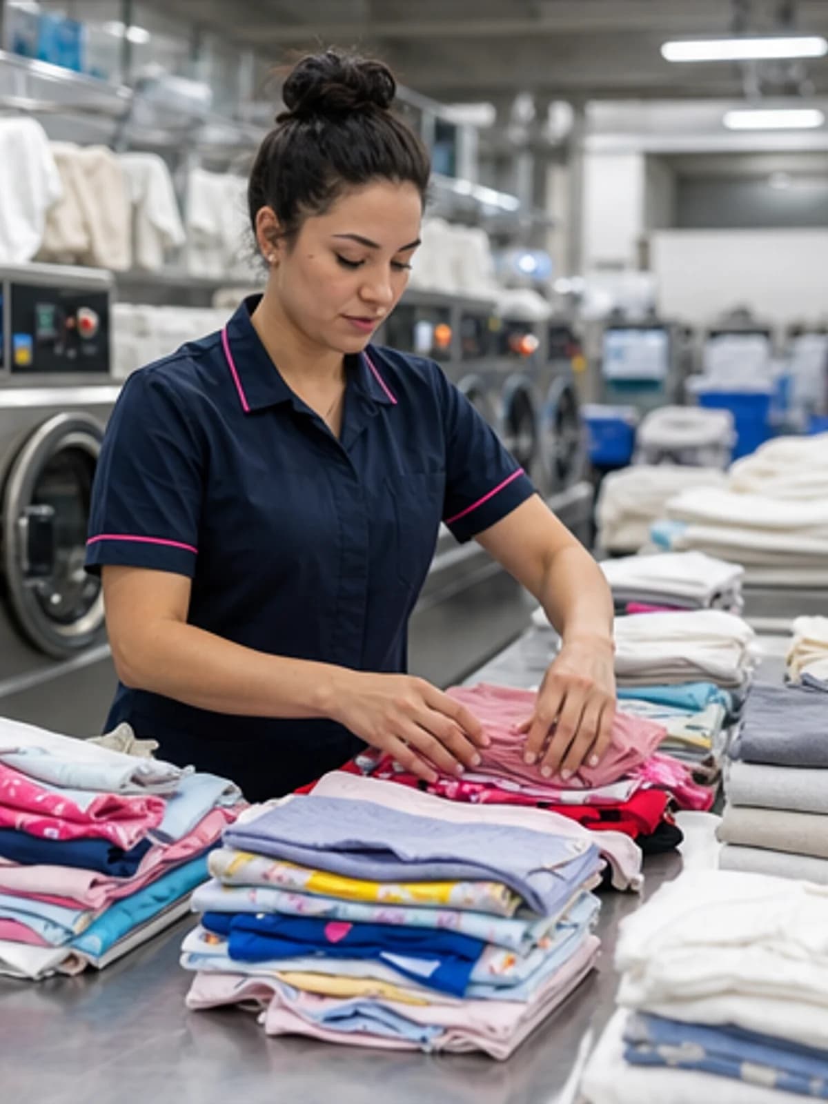 Commercial laundry staff folding mixed family clothes