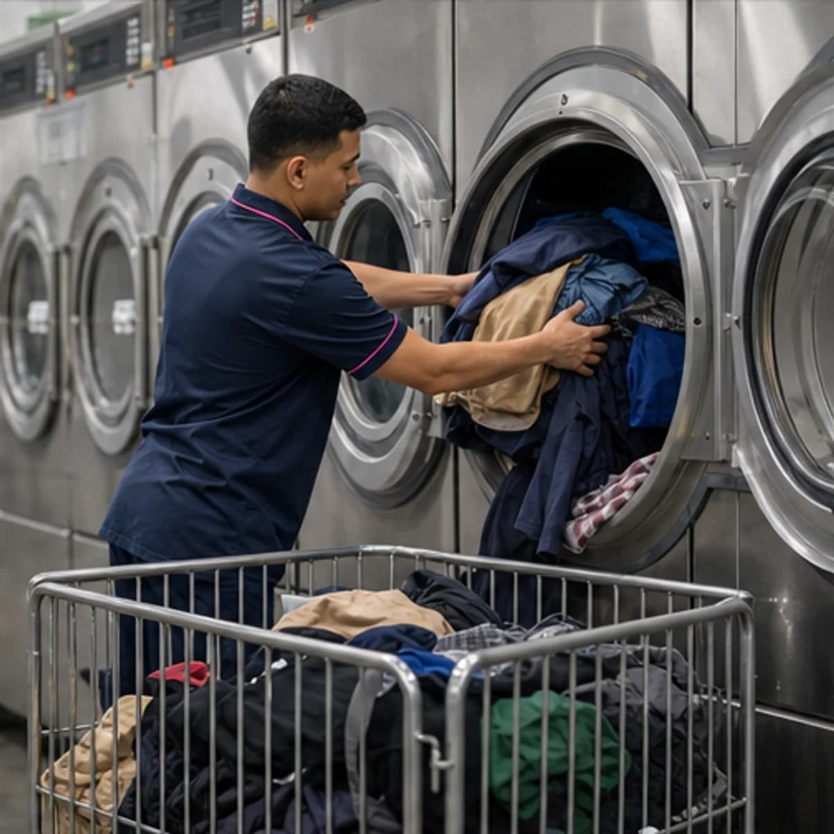 Commercial laundry staff loading mixed clothes
