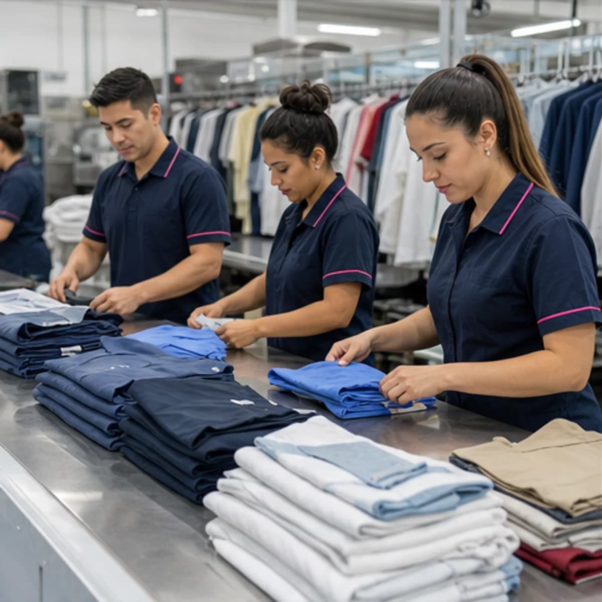 Laundry team sorting shirts and pants