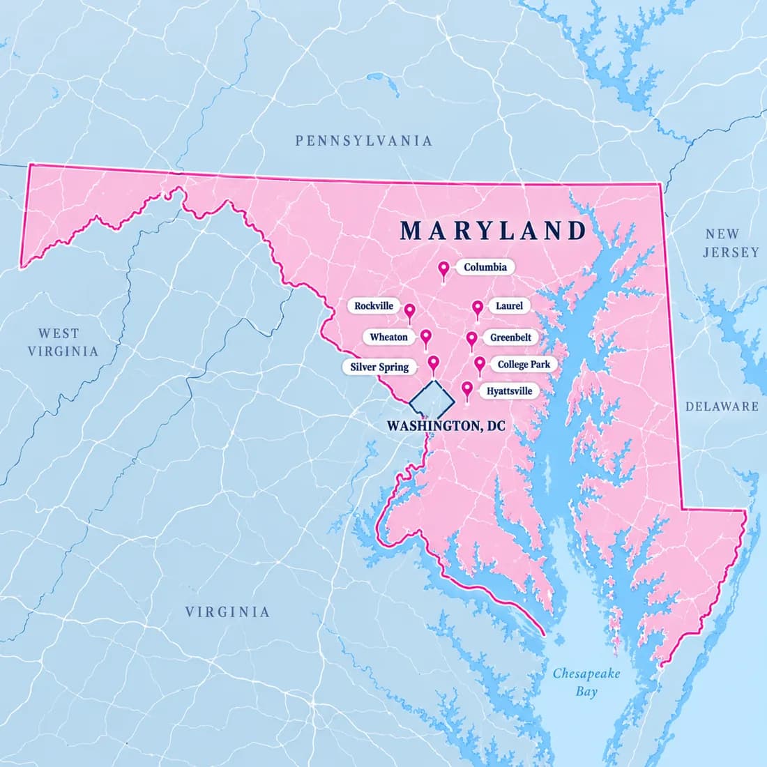Regional illustration of Maryland and Washington, DC with labels for Silver Spring, Laurel, Greenbelt, Wheaton, Rockville, Columbia, Hyattsville, and College Park