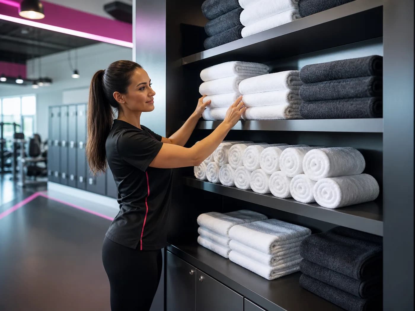 Fitness center staff stocking clean commercial gym towels
