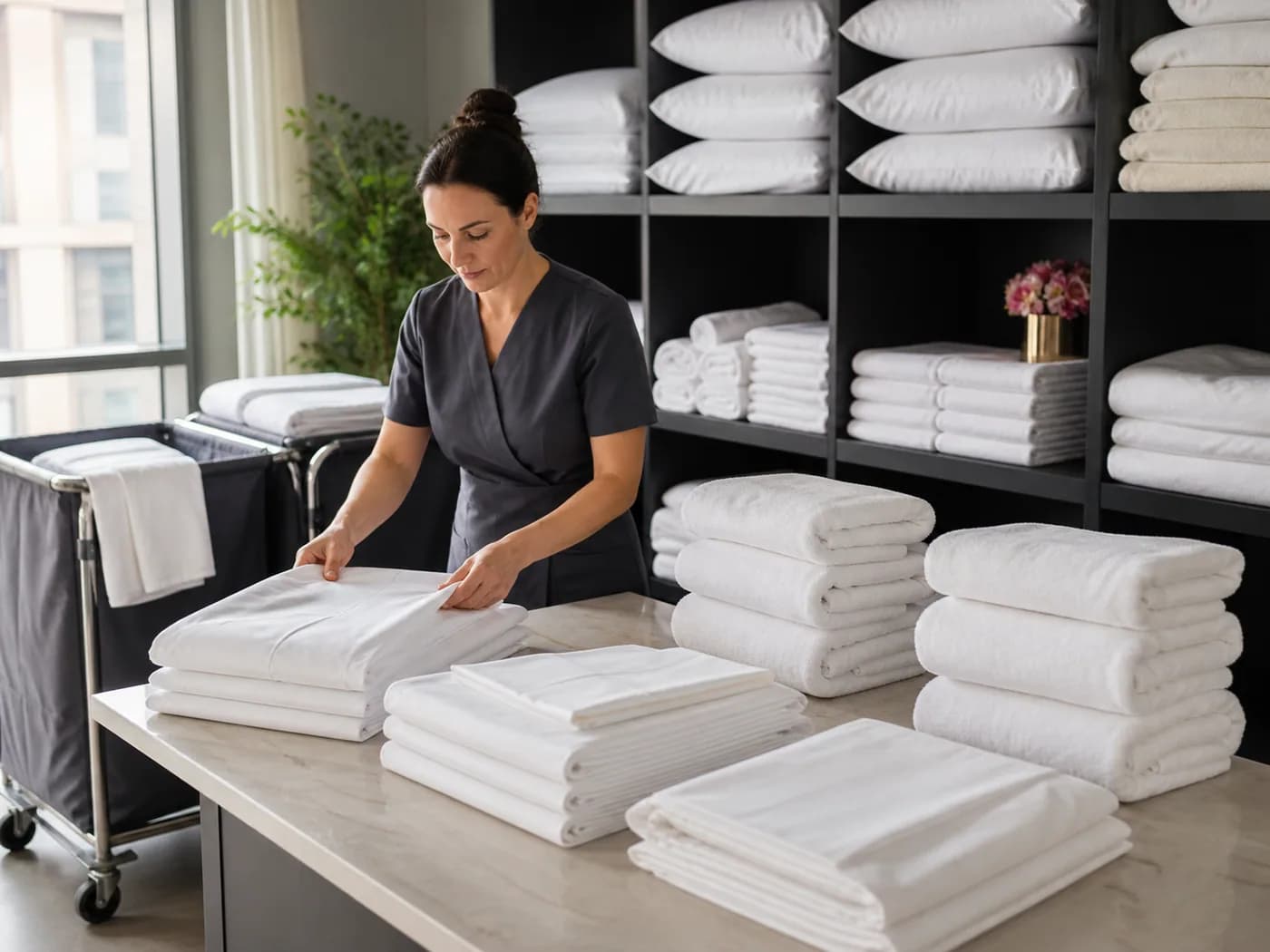 Hospitality worker preparing fresh towels and linens for lodging and Airbnb guests
