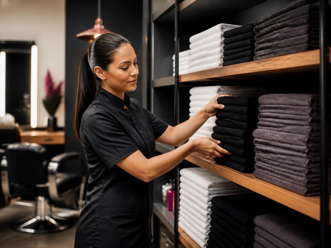 Salon professional organizing freshly laundered towels for client service
