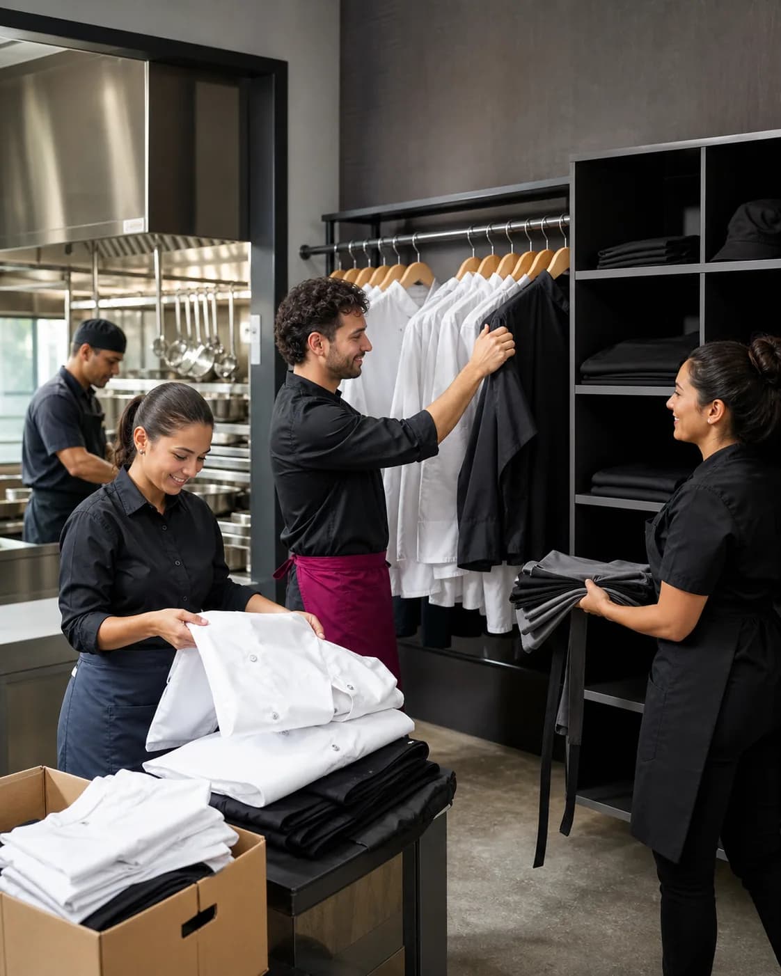 Restaurant team organizing freshly cleaned chef coats, service shirts, and aprons at their workplace